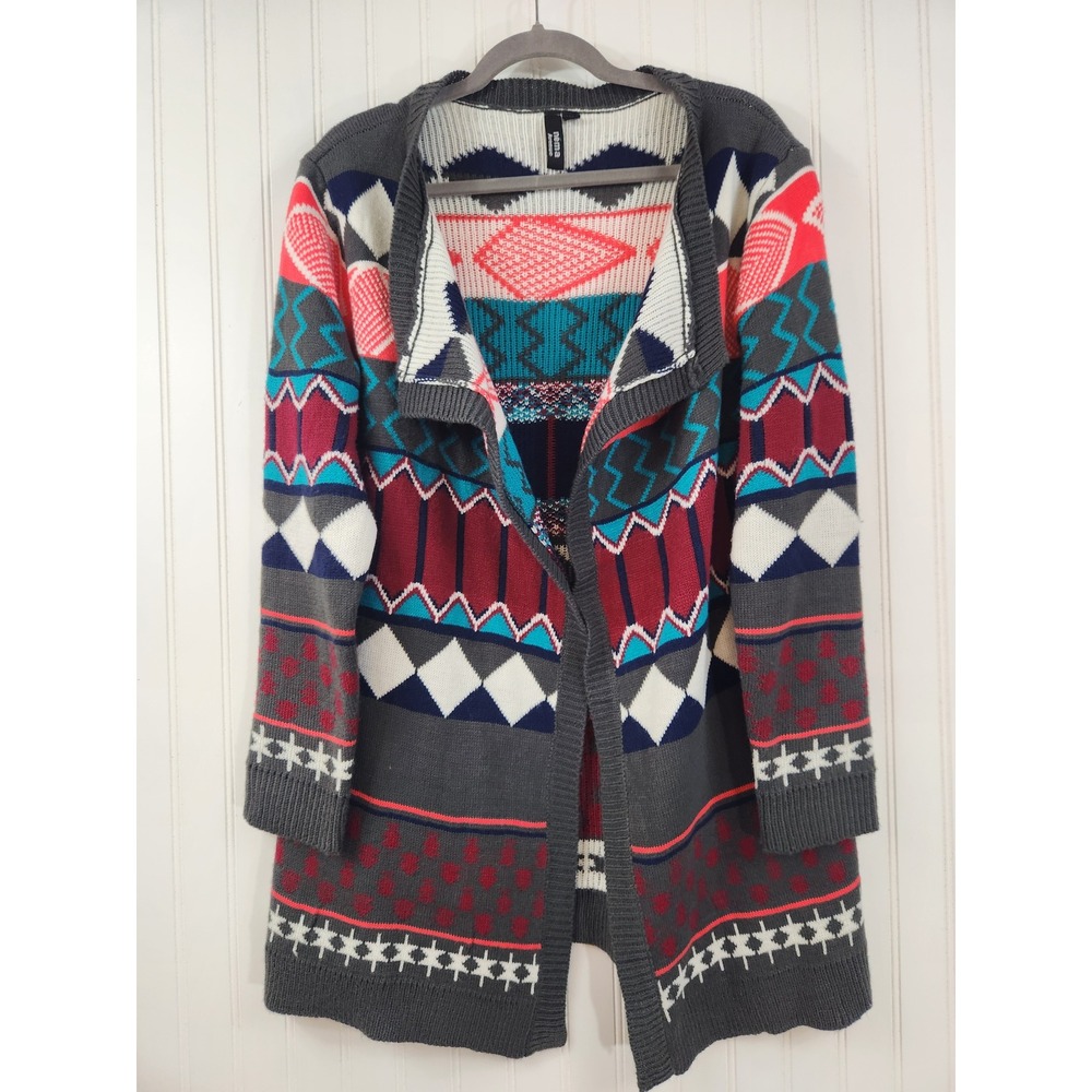 Nema Ave Womens L/XL Gray Geometric Fair Isle Open Front Cardigan Sweater Cozy